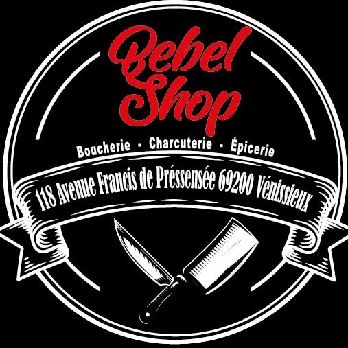 Écusson Bebel Shop : couteau et feuille de boucher croisés, « Boucherie, Charcuterie, Épicerie ».